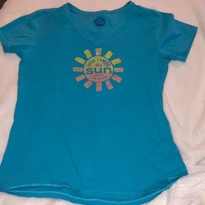 Life Is Good Turquoise Blue Here Comes the Sun Short Sleeve V Neck T Shirt Top M